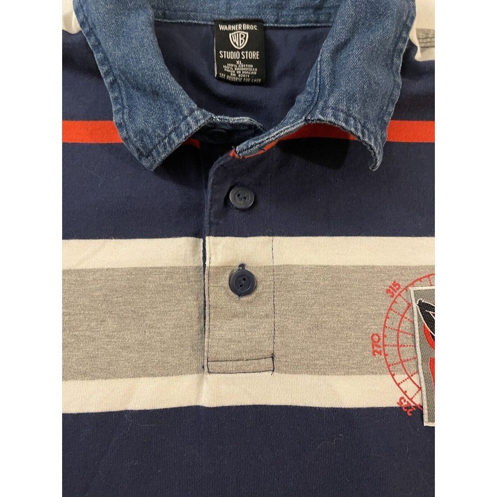 Warner Bros Long Sleeve Men XL Blue Grey Cotton Stripe Golf Polo Daffy Duck 2055 - Picture 3 of 10